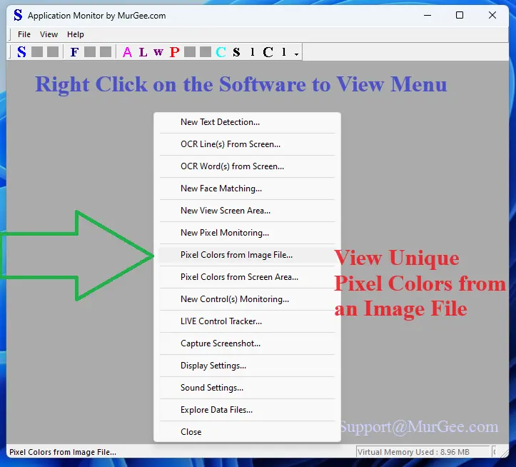 Menu to View Unique Pixel Colors from an Image File